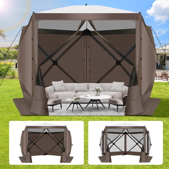 HOTEEL 10x10ft Camping Gazebo Screen Tent, 5 Sided Pop-up Canopy Shelter with Mesh Windows, Portable Carry Bag, Stakes, Waterproof, UV 50+, Large Shade Tents for Outdoor Camping, Backyard, Brown