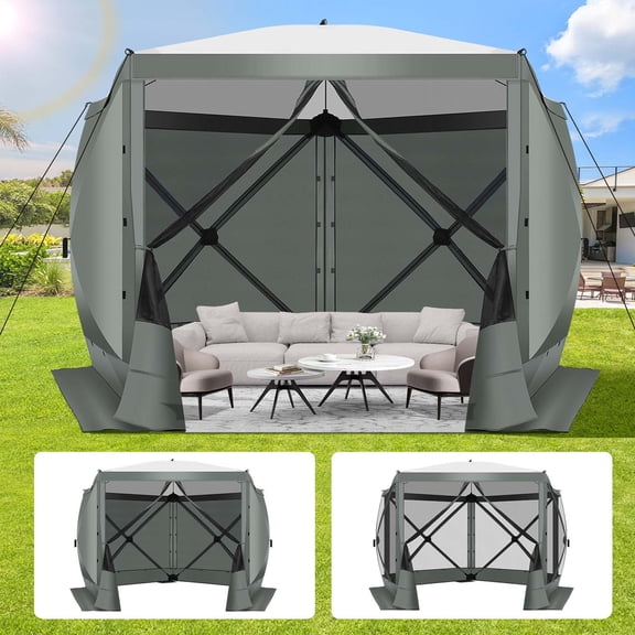HOTEEL 10x10ft Camping Gazebo Screen Tent, 5 Sided Pop-up Canopy Shelter with Mesh Windows, Portable Carry Bag, Stakes, Waterproof, UV 50 , Large Shade Tents for Outdoor Camping, Backyard, Gray