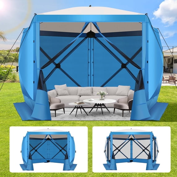 HOTEEL 10x10ft Camping Gazebo Screen Tent, 5 Sided Pop-up Canopy Shelter with Mesh Windows, Portable Carry Bag, Stakes, Waterproof, UV 50+, Large Shade Tents for Outdoor Camping, Backyard, Blue