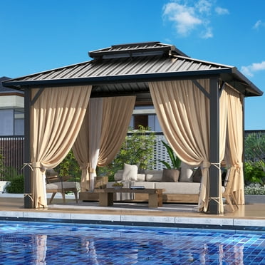 Hoteel 10x12 Hardtop Gazebo, Outdoor Steel Double Polycarbonate Roof Canopy, Aluminum Frame Permanent Pavilion with Curtains and Netting, Metal Frame Pergolas, Sunshade for Garden, Patio, Lawn, Brown