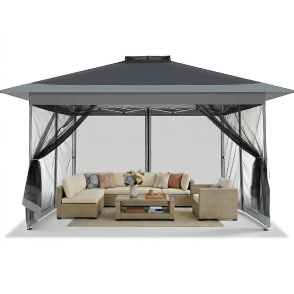 HOTEEL 10x15 Pop Up Gazebo, Outdoor Patio Gazebo with Double Tier Vented Roof & Mosquito Netting, 3 Adjustable Heights Instant Canopy Tent for Backyard, Garden, Party and BBQ, Gray