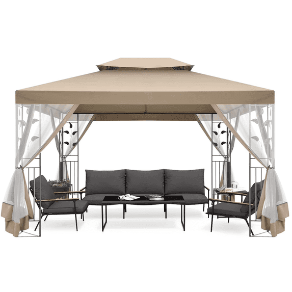 HOTEEL 10x13 Gazebos for Patios, Outdoor Canopy Gazebo Backyard Gazebo Patio with Mosquito Netting and Double Roof for Party, Wedding, BBQ and Event, Khaki
