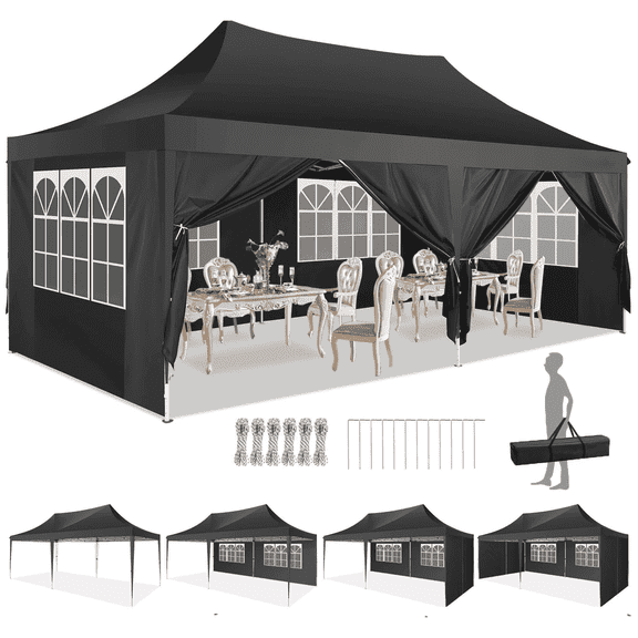 Hoteel 10x20 Canopy Tent with 6 Removable Sidewalls,Pop up Canopy for Parties Wedding,Commercial Easy up Gazebo with Carry Bag,UV 50+,Black