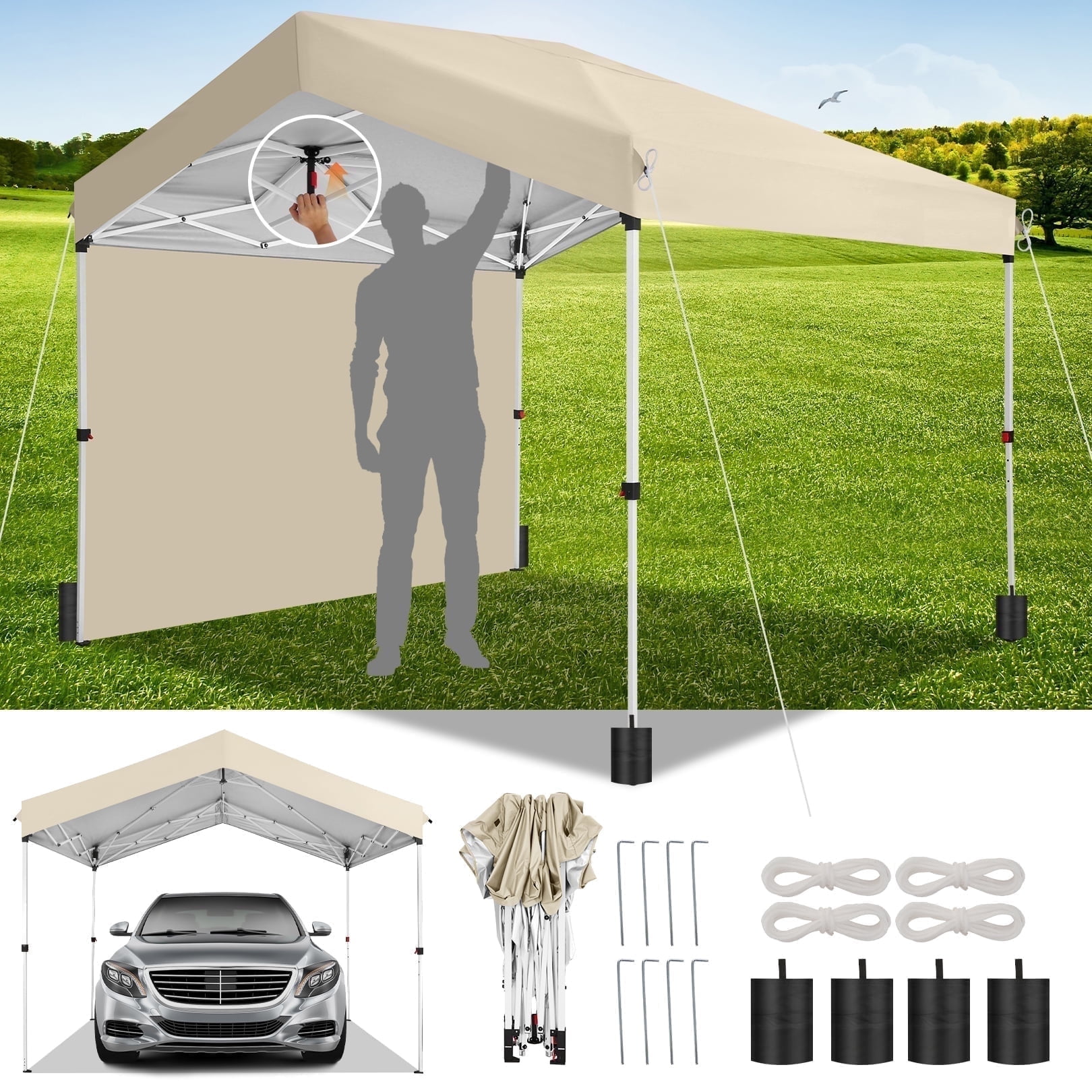 Hoteel 10x10 Carport Canopy Tent with 1 Sidewall 3 Adjustable Height Portable Garage Instant Outdoor Carports with 8 Stakes 4 Sandbags Ropes for