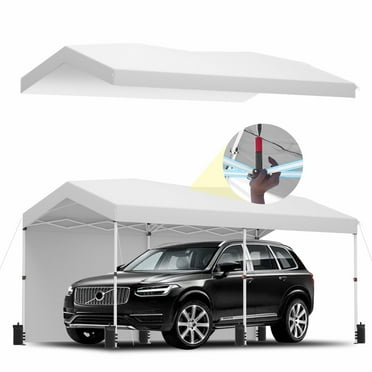 Hoteel 10x20 Pop Up Canopy-Easy Up Carport Canopy with One Push Setup-Outdoor Sun Shade&Waterppof Tent for Parties, Camping, Events-with 2 Sidewalls,Portable Bag,4 Weight Bags,4 Ropes&10 Stakes,White