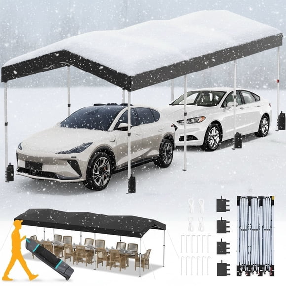 Hoteel 10x30 Pop Up Canopy-Easy Up Carport Canopy with One Push Setup-Outdoor Sun Shade&Waterppof Tent for Parties, Camping, Events-with 3 Sidewalls,Wheel Bag,4 Weight Bags,4 Ropes& 12 Stakes,Black