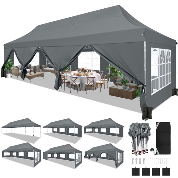 HOTEEL 10x30 Pop up Canopy Tent with 8 Removable Sidewalls, Outdoor Waterproof Commercial Tents for Parties Wedding Patio Ez Outdoor Instant Gazebo with Roller Bag & Sandbags, Gray