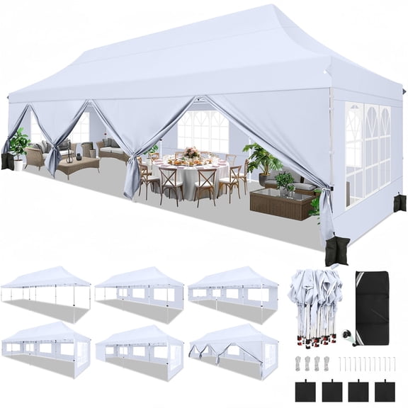 Hoteel 10x30 Pop up Canopy Tent with 8 Removable Sidewalls, Outdoor Canopy Waterproof Commercial Tents for Parties Wedding Patio Ez Outdoor Instant Gazebo with Roller Bag & Sandbags, White