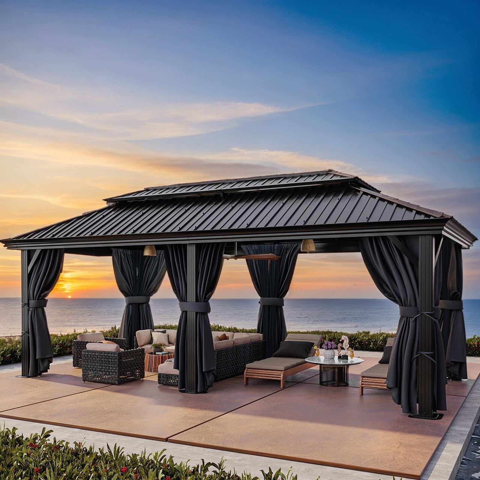12x20 Black Aluminum and Steel Hardtop Gazebo with Curtains and Netting