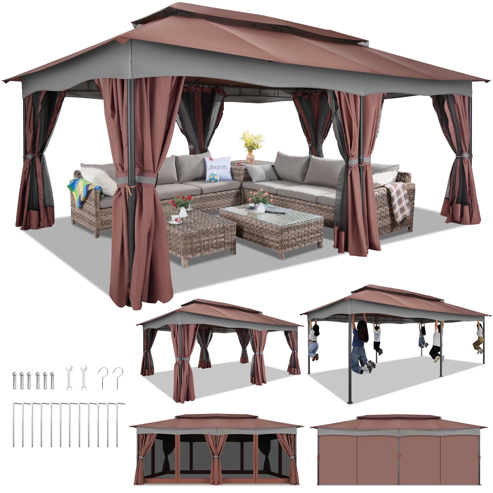 Hoteel 12'x20' Heavy Duty Canopy Gazebo, Home Outdoor Waterproof Large Party Tent & Shelter with Double Roofs, Mosquito Nettings and Privacy Screens for Backyard, Garden, Lawn, Smoke, Brown