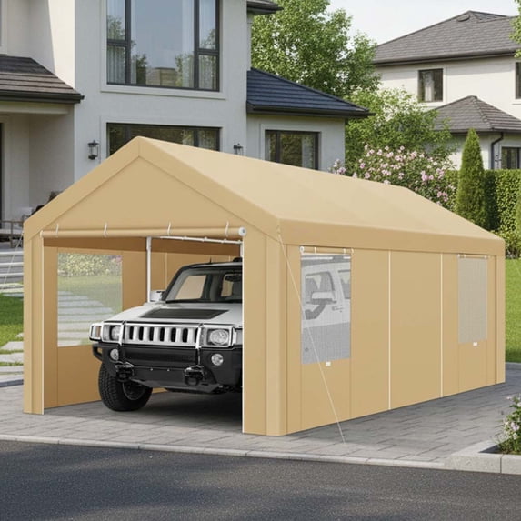 Hoteel 12'x20' Large Heavy Duty Car Tent with Steel Frame, Portable Garage Wedding Tent Gazebo Big Tents Carports Shelter with Waterproof Top Cover, All-Season Tarp for Outdoor Party Birthday, Khaki