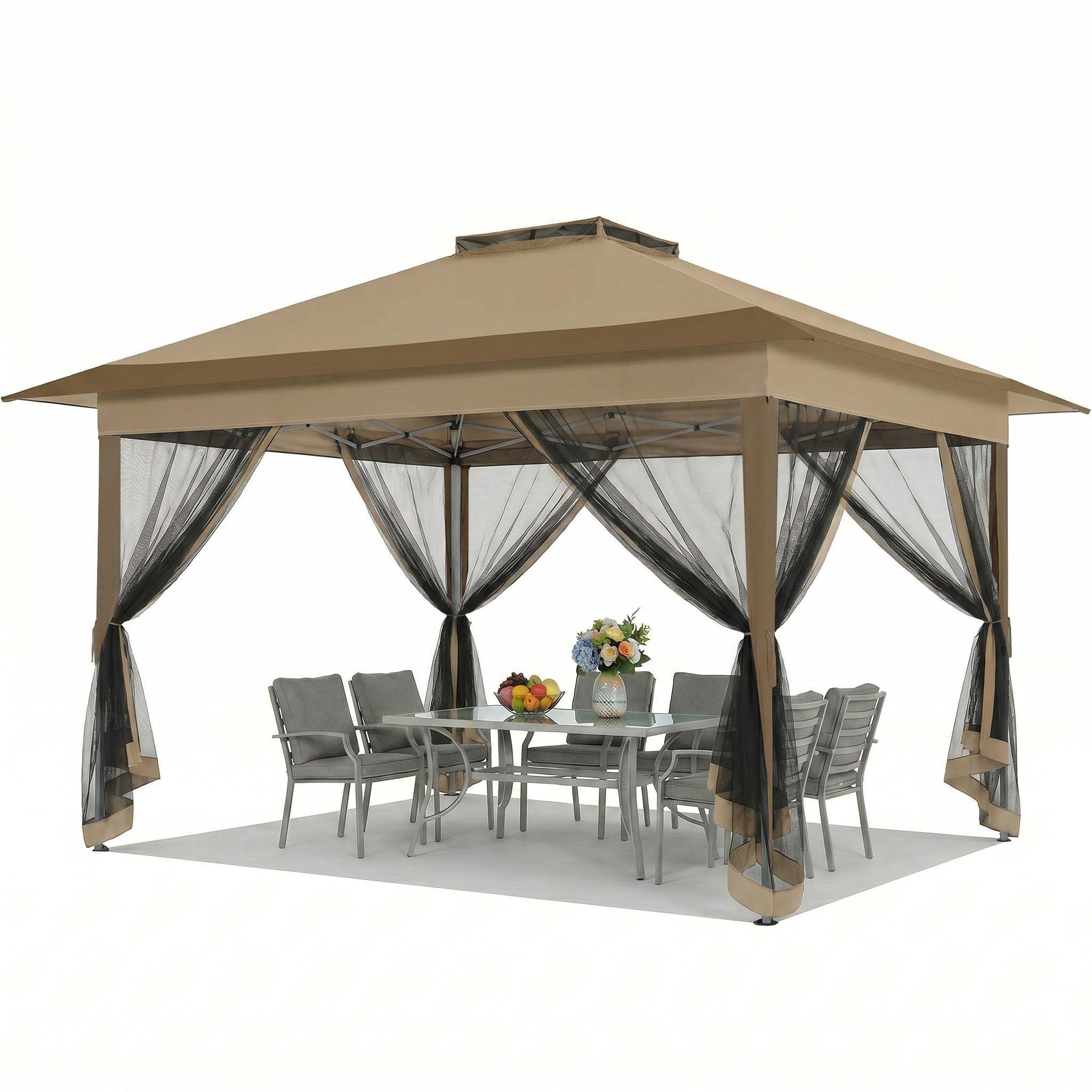 HOTEEL 12' x 12' Outdoor Pop-Up Gazebo Canopy with Mosquito Netting, 2-Tiered Vented Top, 3 Adjustable Heights for Backyard, Garden, Lawn, Brown
