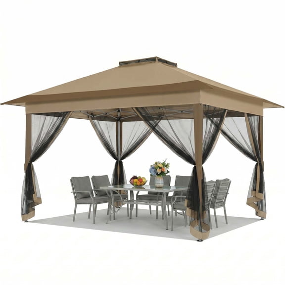 HOTEEL 12' x 12' Outdoor Pop-Up Gazebo Canopy with Mosquito Netting, 2-Tiered Vented Top, 3 Adjustable Heights for Backyard, Garden, Lawn, Brown