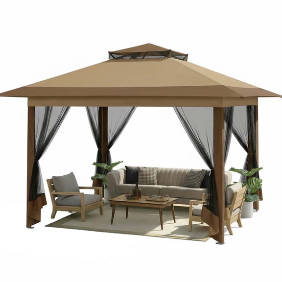 HOTEEL 12x12 Outdoor Pop-up Gazebo Canopy with Mosquito Netting 2-Tiered Vented Top 3 Adjustable Height for Backyard, Garden, Lawn, Brown