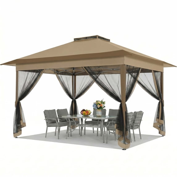 HOTEEL 12' x 12' Outdoor Pop-Up Gazebo Canopy with Mosquito Netting, 2-Tiered Vented Top, 3 Adjustable Heights for Backyard, Garden, Lawn, Brown