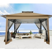 Hoteel 12x12 Outdoor Pop-up Gazebo Canopy with Mosquito Netting 2-Tiered Vented Top 3 Adjustable Height for Backyard, Garden, Lawn, Brown