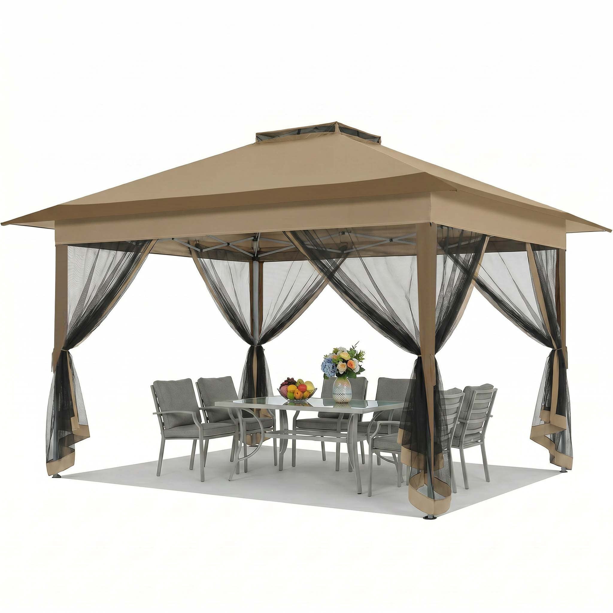 HOTEEL 12' x 12' Outdoor Pop-Up Gazebo Canopy with Mosquito Netting, 2-Tiered Vented Top, 3 Adjustable Heights for Backyard, Garden, Lawn, Brown