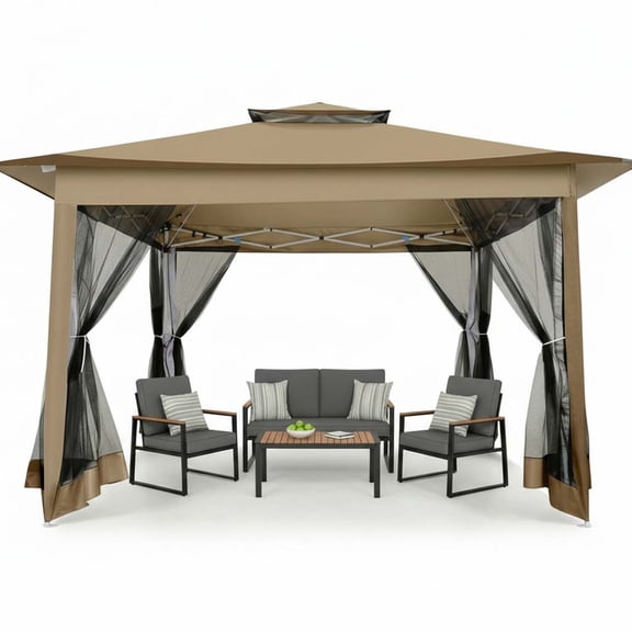 HOTEEL 12' x 12' Outdoor Pop-Up Gazebo Canopy with Mosquito Netting, 2-Tiered Vented Top, 3 Adjustable Heights for Backyard, Garden, Lawn, Brown
