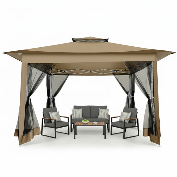 HOTEEL 12x12 Outdoor Pop-up Gazebo Canopy with Mosquito Netting 2-Tiered Vented Top 3 Adjustable Height for Backyard, Garden, Lawn, Brown