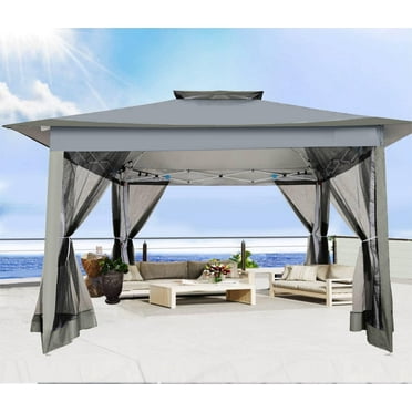 Hoteel 12x12 Outdoor Pop-up Gazebo Canopy with Mosquito Netting 2-Tiered Vented Top 3 Adjustable Height for Backyard, Garden, Lawn,Gray