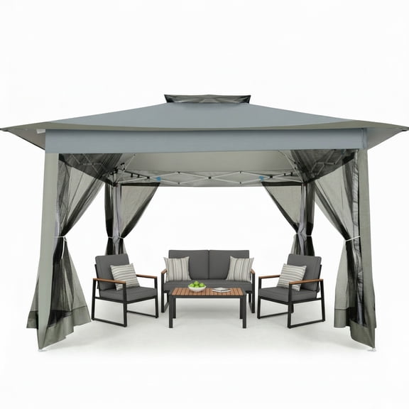 HOTEEL 12x12 Outdoor Pop-up Gazebo Canopy with Mosquito Netting 2-Tiered Vented Top 3 Adjustable Height for Backyard, Garden, Lawn, Gray