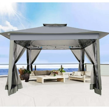 HOTEEL 12x12 Outdoor Pop-up Gazebo Canopy with Mosquito Netting 2-Tiered Vented Top 3 Adjustable Height for Backyard, Garden, Lawn, Gray