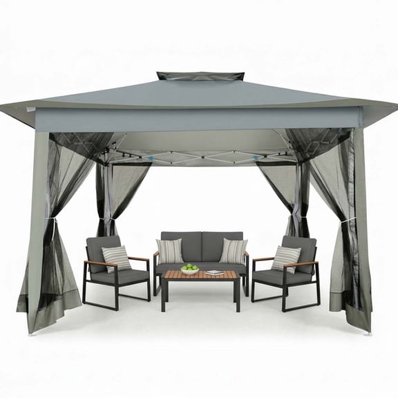 HOTEEL 12' x 12' Outdoor Pop-Up Gazebo Canopy with Mosquito Netting, 2-Tiered Vented Top, 3 Adjustable Heights for Backyard, Garden, Lawn, Gray