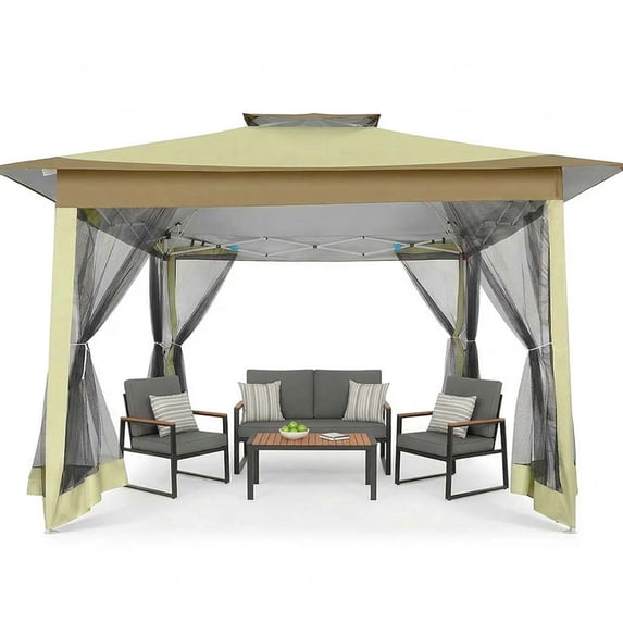 HOTEEL 12' x 12' Outdoor Pop-Up Gazebo Canopy with Mosquito Netting, 2-Tiered Vented Top, 3 Adjustable Heights for Backyard, Garden, Lawn, Khaki