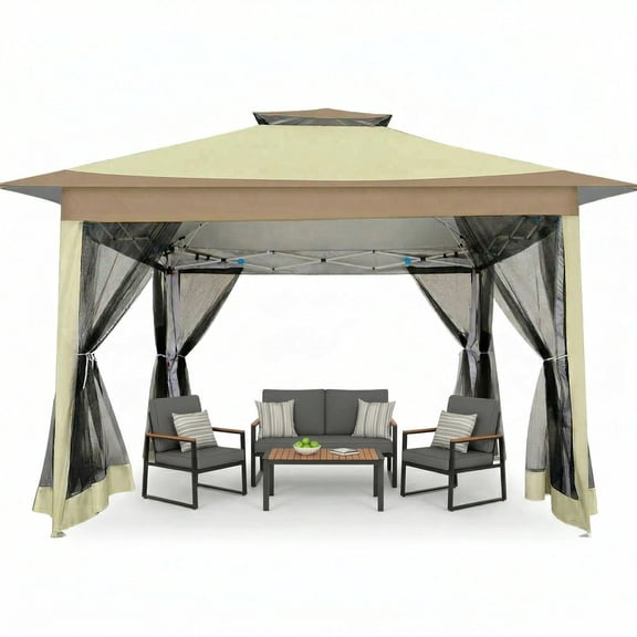 HOTEEL 12x12 Outdoor Pop-up Gazebo Canopy with Mosquito Netting 2-Tiered Vented Top 3 Adjustable Height for Backyard, Garden, Lawn,Khaki