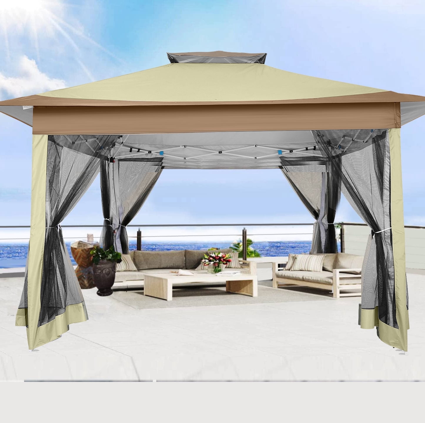 HOTEEL 12x12 Outdoor Pop-up Gazebo Canopy with Mosquito Netting 2-Tiered Vented Top 3 Adjustable Height for Backyard, Garden, Lawn,Khaki