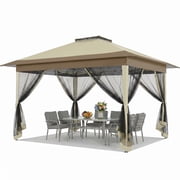 HOTEEL 12 x 12 Outdoor Pop-Up Gazebo Canopy with Mosquito Netting, 2-Tiered Vented Top, 3 Adjustable Heights for Backyard, Garden, Lawn, Khaki