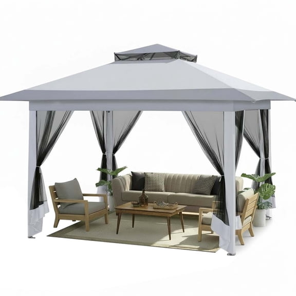 HOTEEL 12x12 Outdoor Pop-up Gazebo Canopy with Mosquito Netting 2-Tiered Vented Top 3 Adjustable Height for Backyard, Garden, Lawn,Light Grey