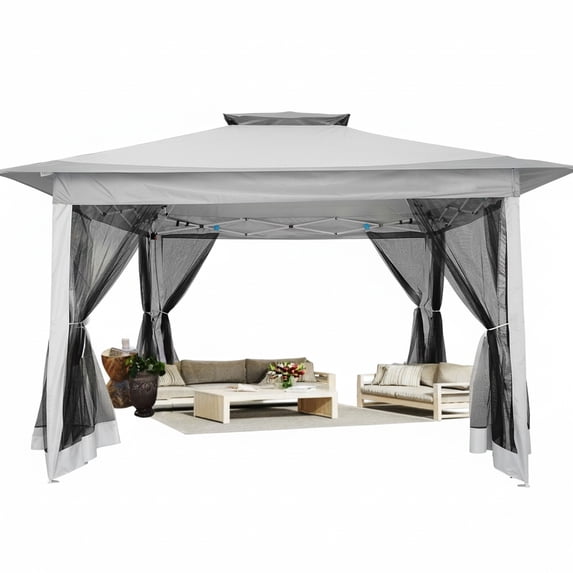 HOTEEL 12x12 Outdoor Pop-up Gazebo Canopy with Mosquito Netting 2-Tiered Vented Top 3 Adjustable Height for Backyard, Garden, Lawn,Light Grey