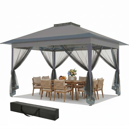 HOTEEL 12' x 12' Outdoor Pop-Up Gazebo Canopy with Mosquito Netting, 2-Tiered Vented Top, 3 Adjustable Heights for Backyard, Garden, Lawn, Light Grey
