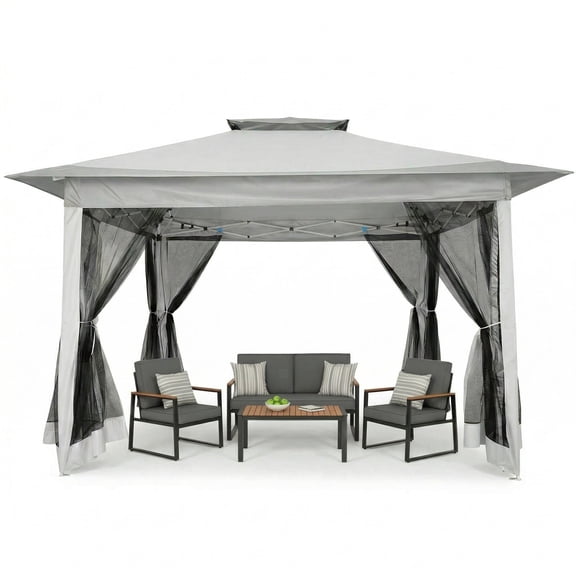 HOTEEL 12x12 Outdoor Pop-up Gazebo Canopy with Mosquito Netting 2-Tiered Vented Top 3 Adjustable Height for Backyard, Garden, Lawn,Light Grey