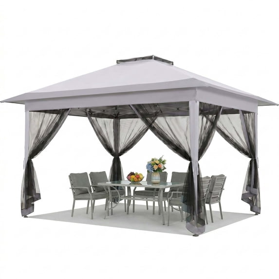 HOTEEL 12' x 12' Outdoor Pop-Up Gazebo Canopy with Mosquito Netting, 2-Tiered Vented Top, 3 Adjustable Heights for Backyard, Garden, Lawn, Light Grey