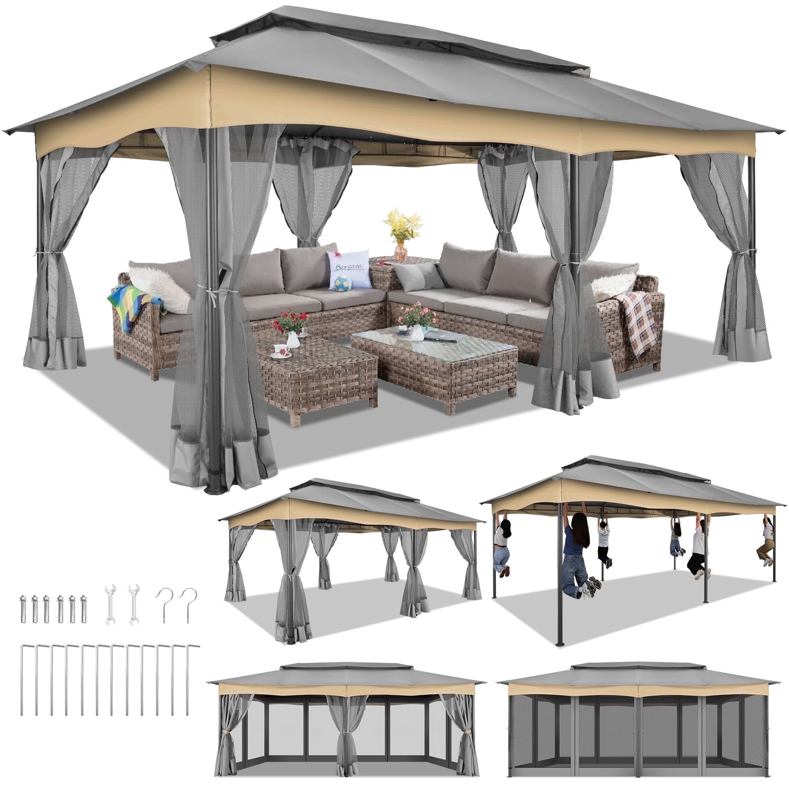 HOTEEL 12x20 Heavy Duty Outdoor Gazebo with 6 Mosquito Netting, 100%