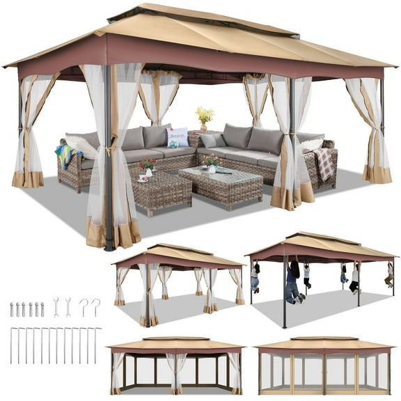 HOTEEL 12x20 Heavy Duty Outdoor Gazebo with 6 Mosquito Netting, 100% Waterproof Double Roof Soft Top Screen Gazebo for Lawn,Garden,Backyard and Deck,Khaki