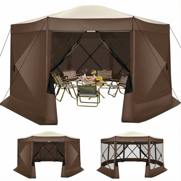 HOTEEL 15x15ft Outdoor Pop Up Gazebo for Camping, Screen House with 7 Sidewalls and Mosquito Netting, Waterproof, UV Resistant, Portable Carry Bag, Brown