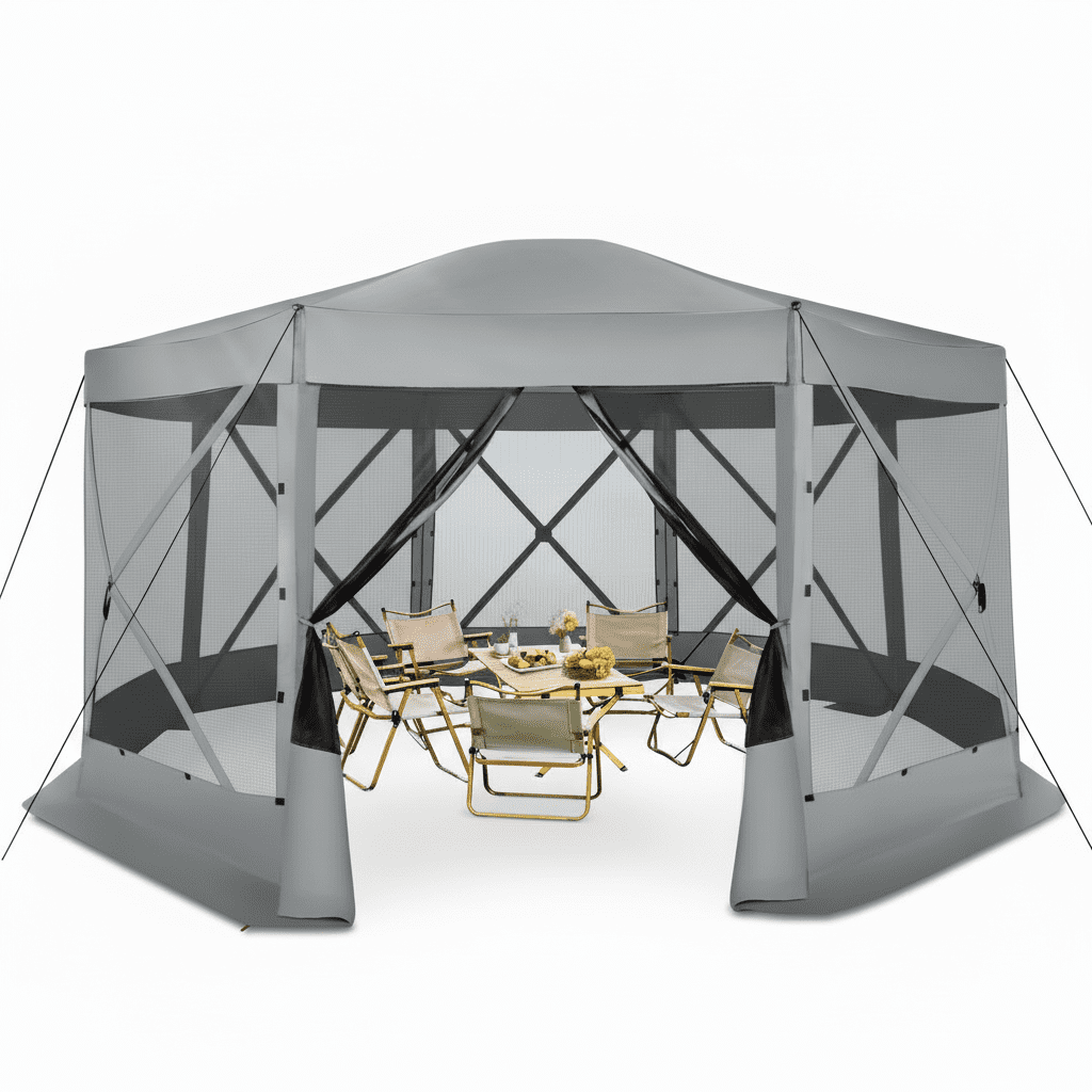 HOTEEL 15x15ft Outdoor Pop Up Gazebo for Camping, Screen Tent with Mosquito Netting, Waterproof, UV Resistant, Portable Carry Bag, Gray