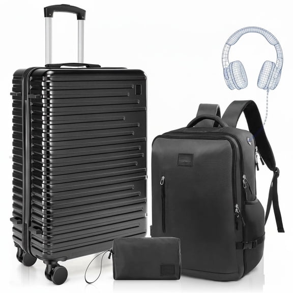 HOTEEL 3 Piece Carry on Luggage Set with Backpack & Toiletry Bag,PC+ABS Durable Suitcase with Built-in TSA Lock&Spinner Wheels for Business Travel Vacation(Black)