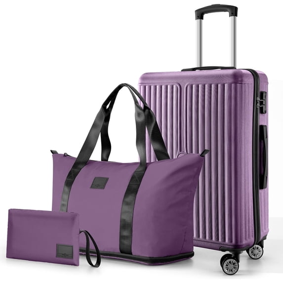 HOTEEL 3 Piece Carry on Luggage Set with Backpack & Toiletry Bag,PC+ABS Durable Suitcase with Built-in TSA Lock&Spinner Wheels for Business Travel Vacation(Purple)