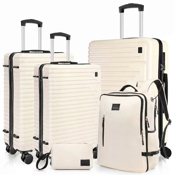 HOTEEL 5 Piece Hardshell Luggage Set with Backpack & Toiletry Bag,PC+ABS Durable Suitcase with Built-in TSA Lock&Spinner Wheels for Business Travel Vacation(Beige)