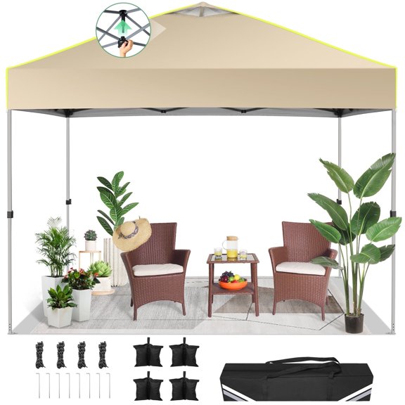 Hoteel Canopy 10x10 Pop Up Canopy Tent 1-Button Push Easy up Outdoor Canopy Instant Portable Commercial Shelter Waterproof UPF50+ Gazebo with Reflective Strip, Air Vent & 4 Sandbags, Khaki