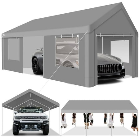 HOTEEL Carport 12x20 ft Heavy Duty Car Canopy with Roll-up Windows Portable Garage with Removable Sidewalls & Door, Outdoor Canopy Carport Portable Car Tent Garage Car Canopy with Steel Frame, Gray