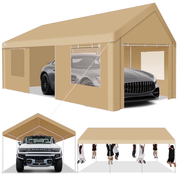 HOTEEL Carport 12x20 ft Heavy Duty Car Canopy with Roll-up Windows Portable Garage with Removable Sidewalls & Door, Outdoor Canopy Carport Portable Car Tent Garage Car Canopy with Steel Frame, Khaki