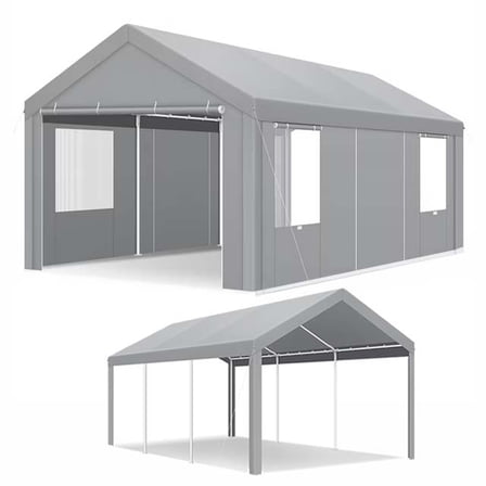 HOTEEL Carport 12x20 ft Heavy Duty Car Canopy with Roll-up Windows Portable Garage with Removable Sidewalls & Door, Outdoor Canopy Carport Portable Car Tent Garage Car Canopy with Steel Frame, Gray