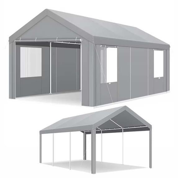 HOTEEL Carport 12x20 ft Heavy Duty Car Canopy with Roll-up Windows Portable Garage with Removable Sidewalls & Door, Outdoor Canopy Carport Portable Car Tent Garage Car Canopy with Steel Frame, Gray