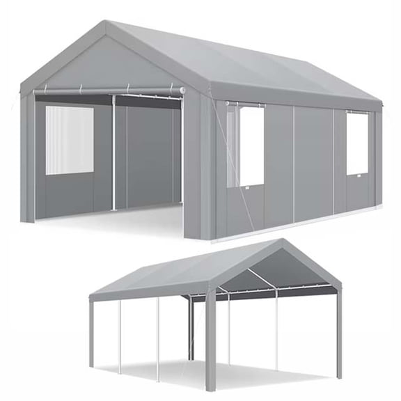 HOTEEL Carport 12x20 ft Heavy Duty Car Canopy with Roll-up Windows Portable Garage with Removable Sidewalls & Door, Outdoor Canopy Carport Portable Car Tent Garage Car Canopy with Steel Frame, Gray