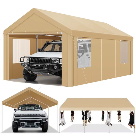 HOTEEL Carport 12x20 ft Heavy Duty Car Canopy with Roll-up Windows Portable Garage with Removable Sidewalls & Door, Outdoor Canopy Carport Portable Car Tent Garage Car Canopy with Steel Frame, Khaki